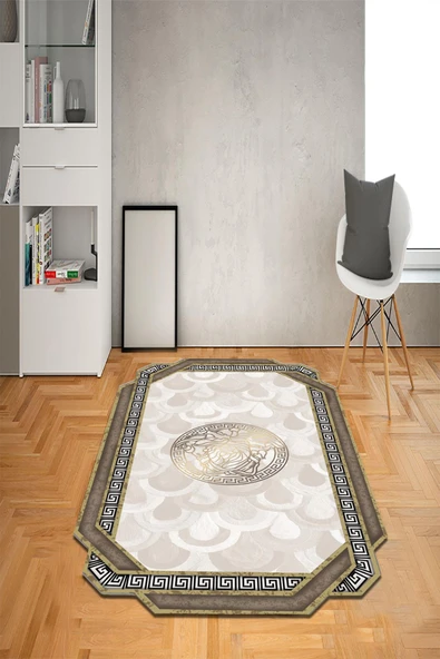 Kaymaz Taban Yıkanabilir Lazer Kesim Medusa Desenli Dot Taban Halı EKRU 200 X 300