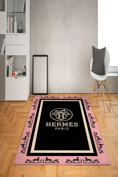 Kaymaz Taban Yıkanabilir Dekoratif Hermes Desenli Dot Taban Halı PEMBE-SİYAH 100 X 200