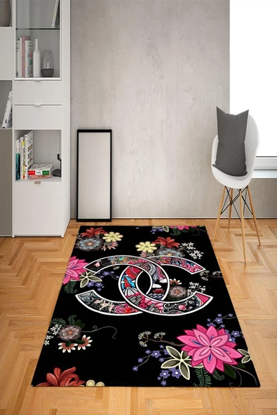 Kaymaz Taban Yıkanabilir Dekoratif Modern Çiçek Desenli Dot Taban Halı Siyah 200 X 300