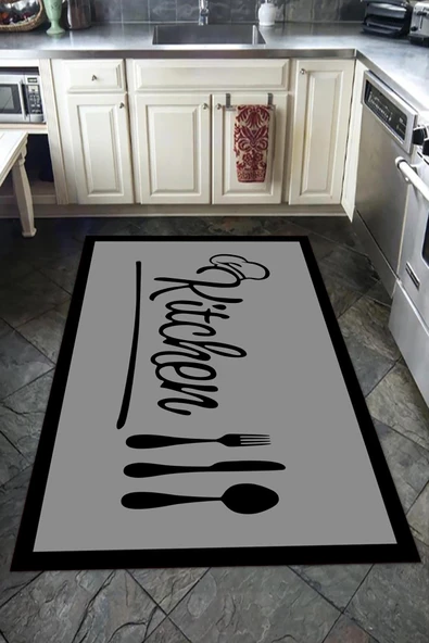 Kaymaz Tabanlı Yıkanabilir Kitchen Desenli Dot Taban Halı GRİ 120 X 180