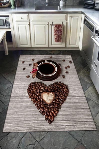 Kaymaz Tabanlı Yıkanabilir Kahve Fincanı ve Kalp Desenli Dot Taban Halı RENKLİ 120 X 180