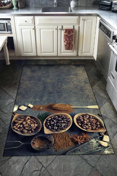 Kaymaz Tabanlı Yıkanabilir Kahve ve Kaşık Desenli Dot Taban Halı RENKLİ 200 X 300