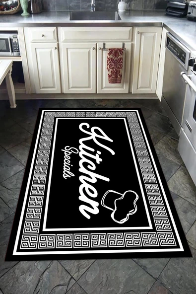 Kaymaz Tabanlı Yıkanabilir Çerçeveli Kitchen Yazılı Desenli Dot Taban Halı Siyah 100 X 200