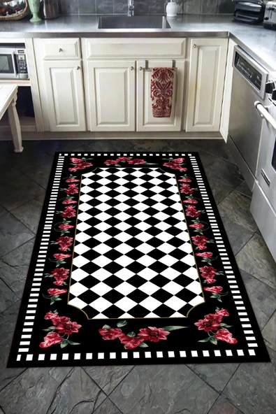 Kaymaz Tabanlı Yıkanabilir Damalı Gül Desenli Dot Taban Halı Siyah 160 X 230