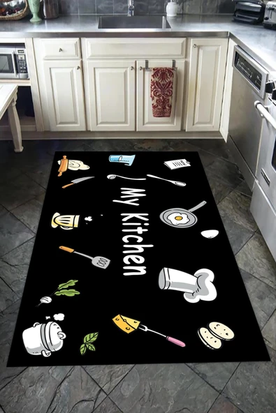 Kaymaz Tabanlı Yıkanabilir My Kitchen Desenli Dot Taban Halı Siyah 140 X 200