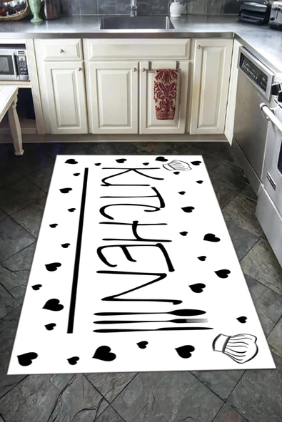 Kaymaz Tabanlı Yıkanabilir Kalpli Kitchen Desenli Dot Taban Halı Siyah 100 X 200
