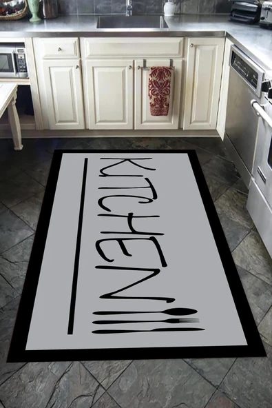 Kaymaz Tabanlı Yıkanabilir Çerçeveli Kitchen Desenli Dot Taban Halı GRİ 160 X 230