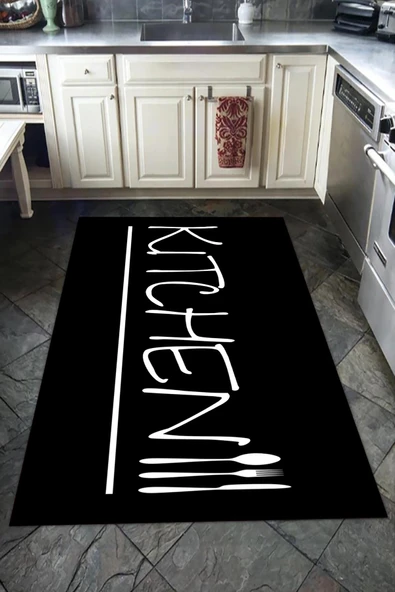 Kaymaz Tabanlı Yıkanabilir Kitchen Yazılı Desenli Dot Taban Halı Siyah 120 X 180