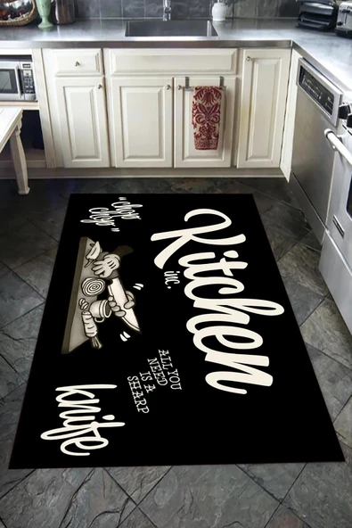 Kaymaz Tabanlı Yıkanabilir Kitchen Desenli Dot Taban Halı Siyah 80 X 150