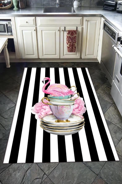 Kaymaz Tabanlı Yıkanabilir Flamingo ve Fincan Desenli Dot Taban Halı SİYAH-BEYAZ 80 X 200