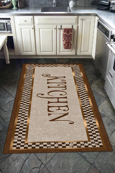 Kaymaz Tabanlı Yıkanabilir Damalı Çerçeveli Kitchen Desenli Dot Taban Halı Vizon 160 X 230