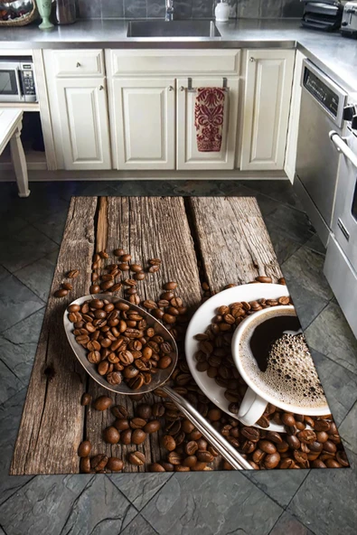 Kaymaz Tabanlı Yıkanabilir Kahve ve Fincan Desenli Dot Taban Halı RENKLİ 200 X 300