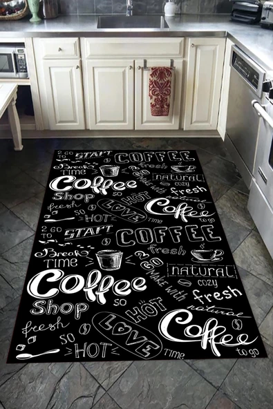 Kaymaz Tabanlı Yıkanabilir Coffee Love Desenli Dot Taban Halı Siyah 80 X 150