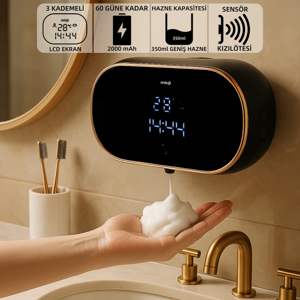 Mioji Mio SM01 Saatli 2000mAh Şarjlı Dijital Ekranlı 350ml Köpük Sabunluk Dispenser - Siyah