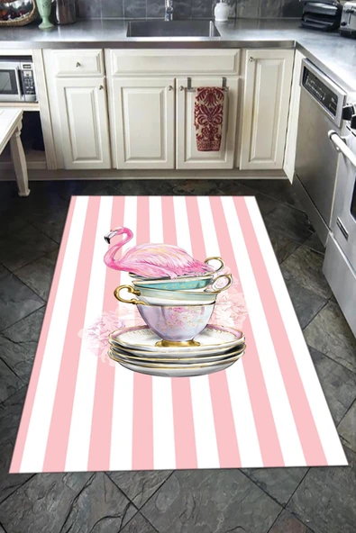 Kaymaz Tabanlı Yıkanabilir Flamingo Fincan Desenli Dot Taban Halı PEMBE-BEYAZ 100 X 300