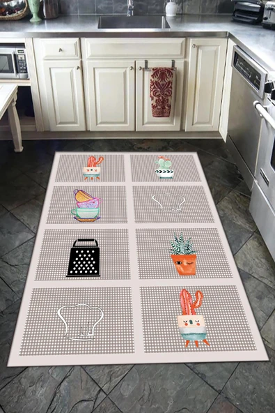 Kaymaz Tabanlı Yıkanabilir Tatlı Kaktüsler Desenli Dot Taban Halı RENKLİ 140 X 200