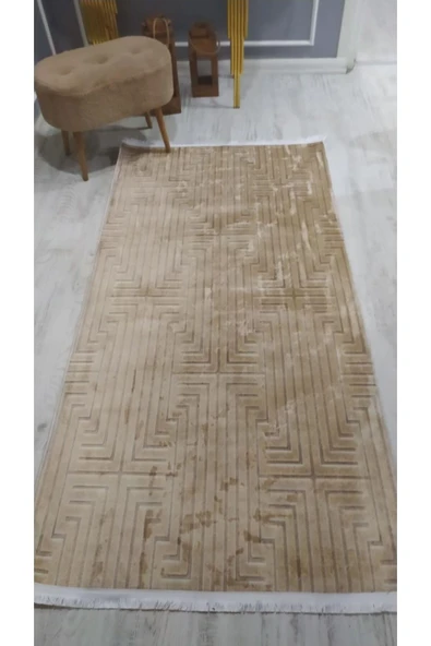Kaymaz Tabanlı Yıkanabilir Dekoratif Çizgili Desenli Dot Taban Halı HARDAL 100 X 200