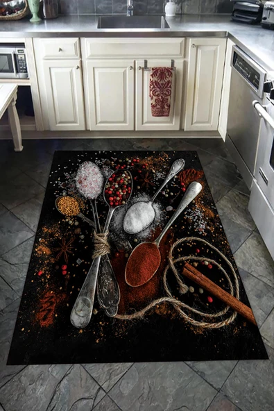 Kaymaz Tabanlı Yıkanabilir Kaşık ve Baharat Desenli Dot Taban Halı RENKLİ 120 X 180