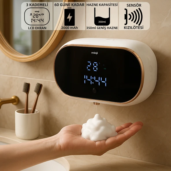 Mioji Mio SM01 Saatli 2000mAh Şarjlı Dijital Ekranlı 350ml Köpük Sabunluk Dispenser - Beyaz