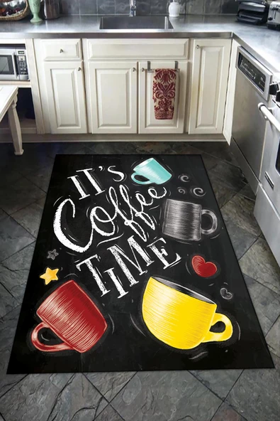 Kaymaz Tabanlı Yıkanabilir Coffe Time Desenli Dot Taban Halı Siyah 180 X 280