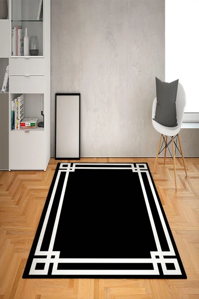 Kaymaz Tabanlı Yıkanabilir Çerçeveli Desenli Dot Taban Halı SİYAH-BEYAZ 100 X 200