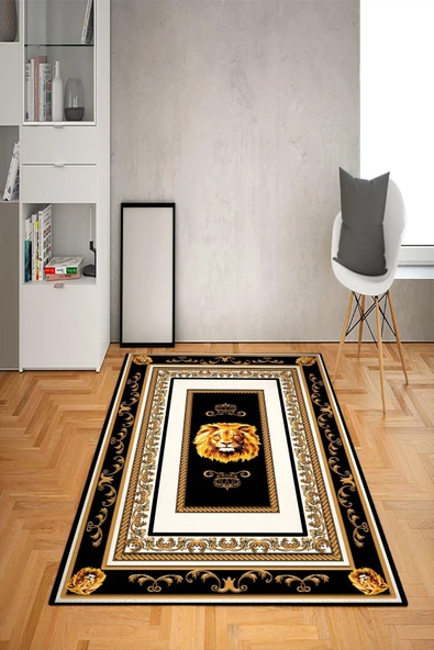 Kaymaz Tabanlı Yıkanabilir Çerçeveli Aslan Desenli Dot Taban Halı SİYAH-BEYAZ-GOLD 140 X 200