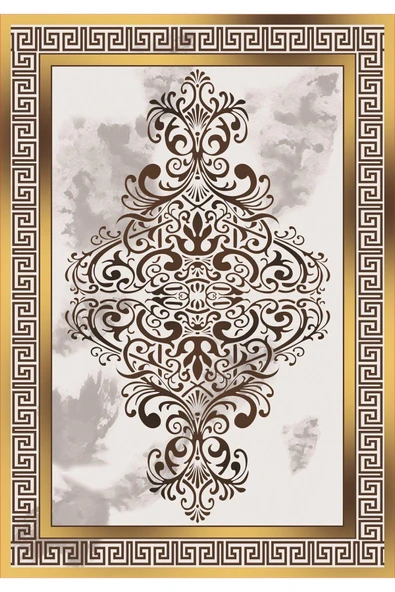 Kaymaz Tabanlı Yıkanabilir Çerçeveli Geometrik Desenli Dot Taban Halı Krem-Gold 120 X 180 - 3