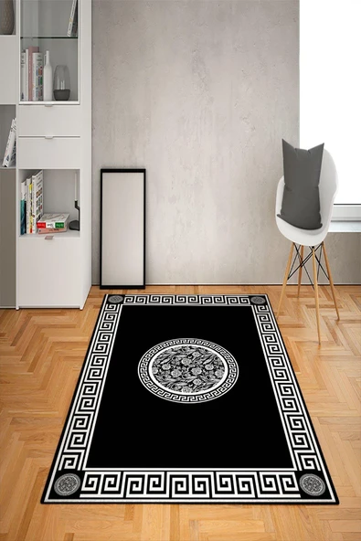 Kaymaz Tabanlı Yıkanabilir Çerçeveli Geometrik Desenli Dot Taban Halı SİYAH-BEYAZ 80 X 150