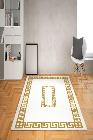 Kaymaz Tabanlı Yıkanabilir Çerçeveli Desenli Dot Taban Halı Beyaz-Gold 80 X 300