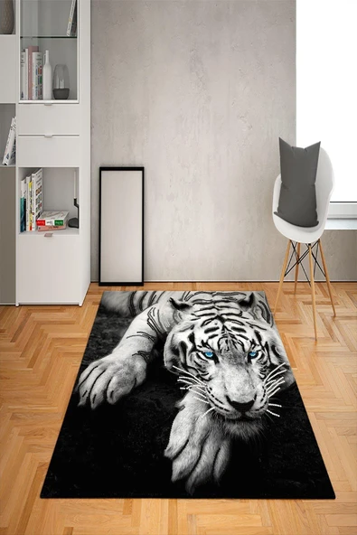 Kaymaz Tabanlı Yıkanabilir Aslan Desenli Dot Taban Halı SİYAH-BEYAZ 180 X 280