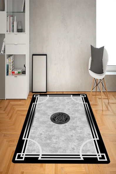 Kaymaz Taban Yıkanabilir Kilit Çerçeveli Medusa Desenli Dot Taban Halı Siyah 140 X 200