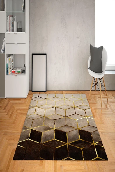 Kaymaz Tabanlı Yıkanabilir Geometrik Desenli Dot Taban Halı kahverengi bej 80 X 200