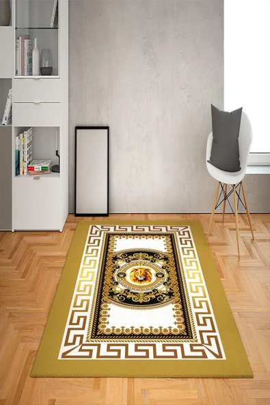 Kaymaz Tabanlı Yıkanabilir Çerçeveli Aslan Desenli Dot Taban Halı Beyaz-Gold 80 X 150