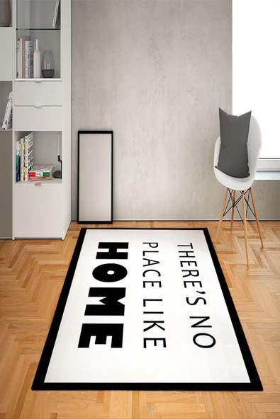 Kaymaz Tabanlı Yıkanabilir Home Yazı Desenli Dot Taban Halı SİYAH-BEYAZ 180 X 280