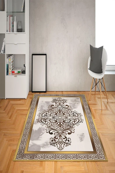 Kaymaz Tabanlı Yıkanabilir Çerçeveli Geometrik Desenli Dot Taban Halı Krem-Gold 80 X 300