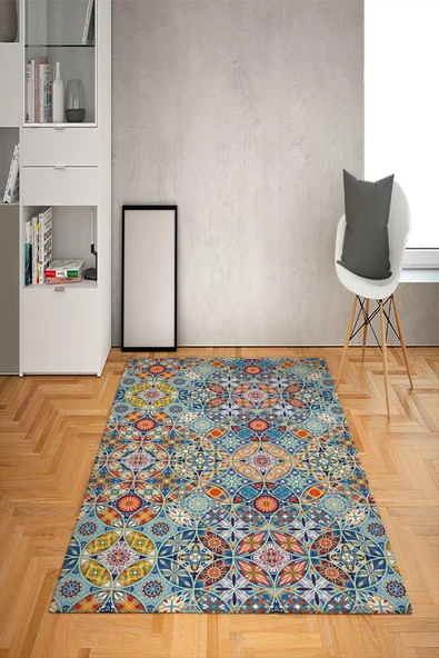 Kaymaz Tabanlı Yıkanabilir Renkli Geometrik Desenli Dot Taban Halı RENKLİ 100 X 300