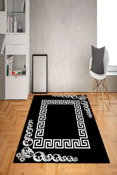 Kaymaz Tabanlı Yıkanabilir Dekoratif Desenli Dot Taban Halı SİYAH-BEYAZ 80 X 200