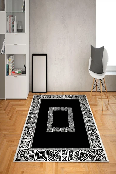 Kaymaz Tabanlı Yıkanabilir Geometrik Desenli Dot Taban Halı SİYAH BEYAZ 160 X 230