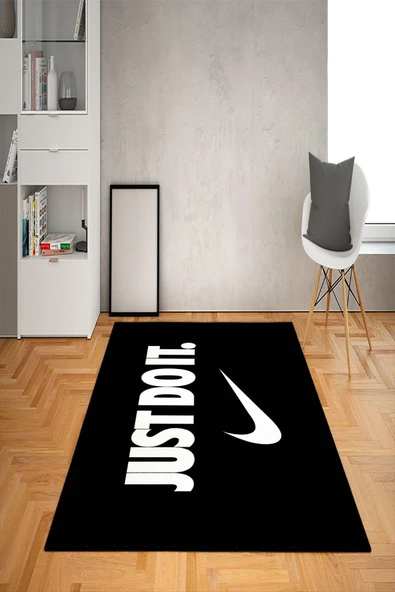 Kaymaz Taban Yıkanabilir Just Do It Desenli Dot Taban Halı Siyah 100 X 300