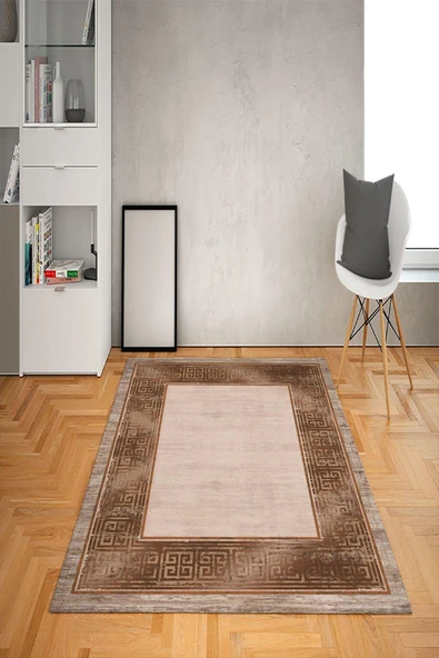 Kaymaz Tabanlı Yıkanabilir Çerçeve Desenli Dot Taban Halı KAHVERENGİ 100 X 200