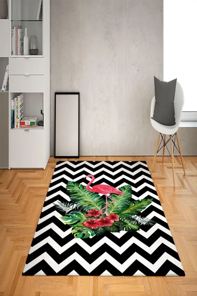 Kaymaz Tabanlı Yıkanabilir Çizgili Flamingo Desenli Dot Taban Halı RENKLİ 100 X 200