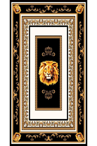 Kaymaz Tabanlı Yıkanabilir Çerçeveli Aslan Desenli Dot Taban Halı SİYAH-BEYAZ-GOLD 120 X 180 - 3
