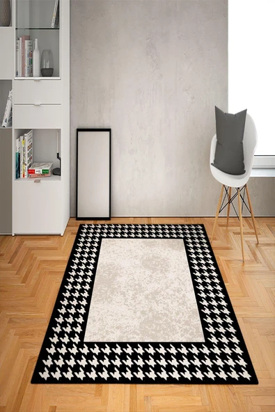 Kaymaz Tabanlı Yıkanabilir Geometrik Çerçeve Desenli Dot Taban Halı KREM-SİYAH 140 X 200