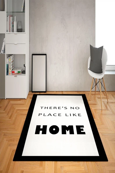 Kaymaz Tabanlı Yıkanabilir Home Desenli Dot Taban Halı SİYAH-BEYAZ 140 X 200