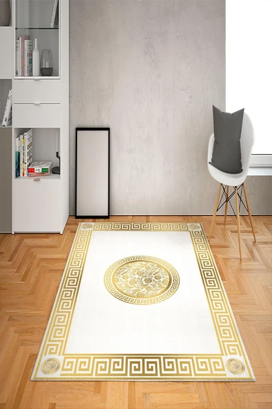 Kaymaz Tabanlı Yıkanabilir Çerçeveli Geometrik Desenli Dot Taban Halı Beyaz-Gold 120 X 180