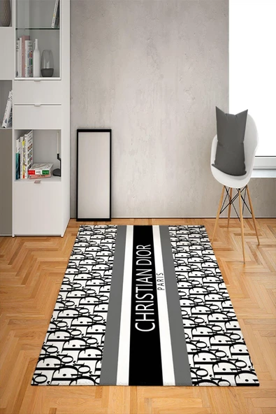 Kaymaz Taban Yıkanabilir Şerit Desenli Dot Taban Halı Siyah 80 X 300