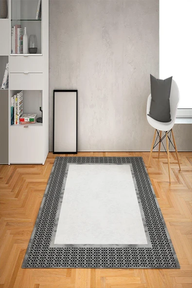 Kaymaz Tabanlı Yıkanabilir Çerçeve Desenli Dot Taban Halı GRİ 200 X 300