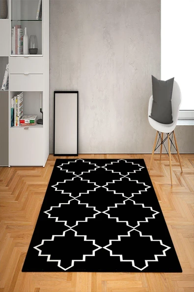 Kaymaz Tabanlı Yıkanabilir Dekoratif Desenli Dot Taban Halı SİYAH-BEYAZ 160 X 230