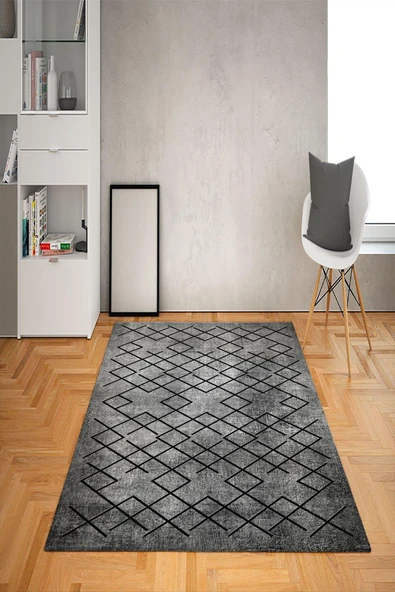 Kaymaz Tabanlı Yıkanabilir Geometrik Desenli Dot Taban Halı GRİ 80 X 300