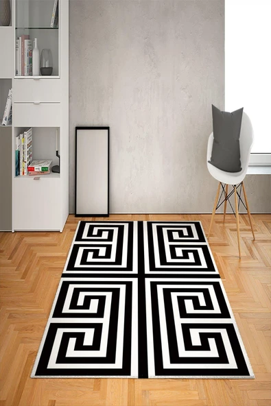 Kaymaz Tabanlı Yıkanabilir Geometrik Desenli Dot Taban Halı SİYAH-BEYAZ 200 X 300